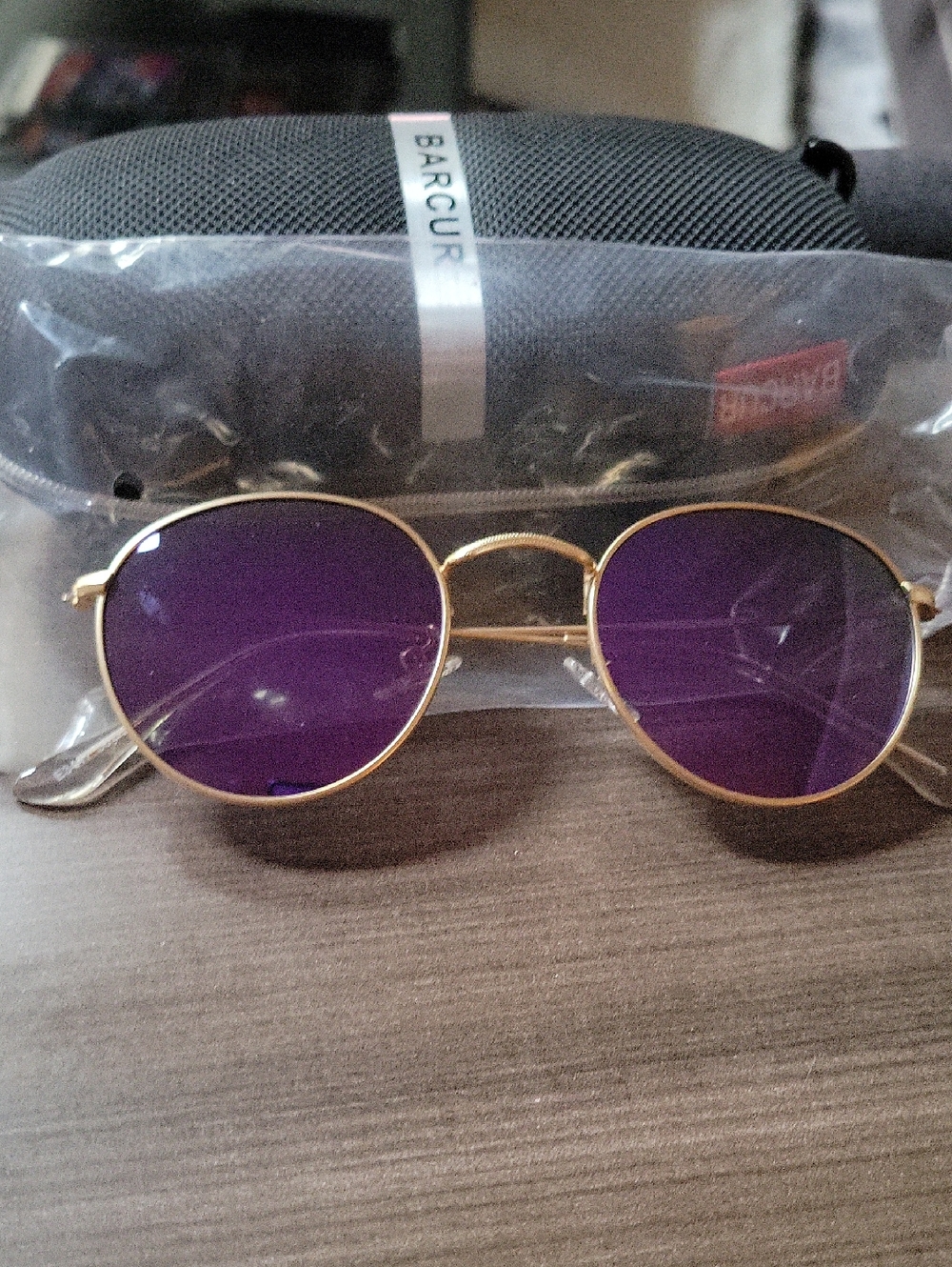 BARCUR Gold Frame Round Sunglasses with Purple Lenses W/ Dustbag, Cloth & Case